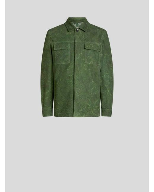 Etro Green Suede Jacket With Floral Paisley Motif for men