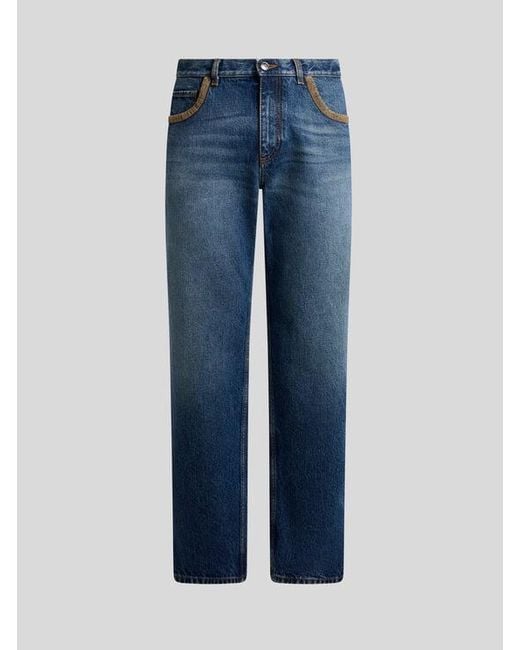 Etro Blue Straight-Leg Cotton Denim Jeans With Contrasting Details for men