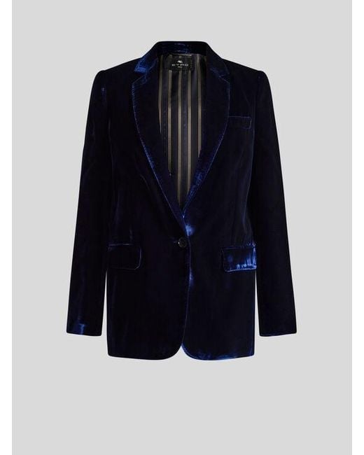 Etro Blue Single-Breasted Velvet Jacket