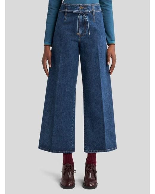 Etro Blue Culotte Jeans With Belt And Embroidery