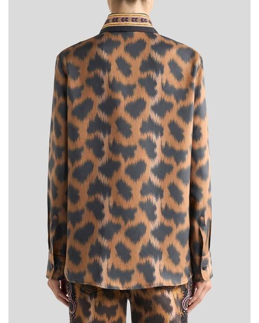 Etro Brown Silk Twill Shirt With Animal Motif