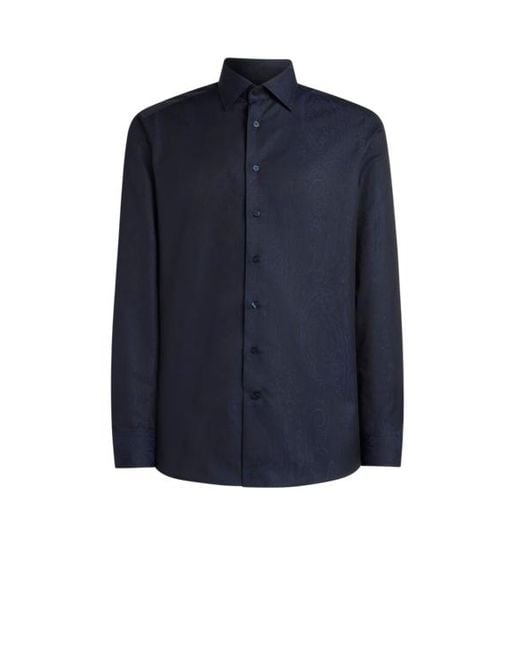 Etro Blue Cotton Jacquard Shirt With Arnica Motif for men