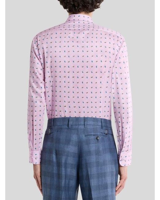 Etro Pink Cotton Sateen Shirt With Micro Paisley Motif for men