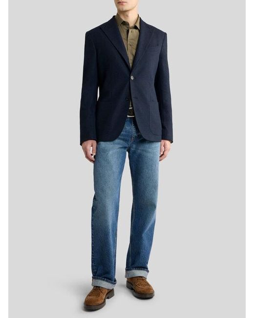 Etro Blue Single-Breasted Jersey Jacket With Peak Lapels for men