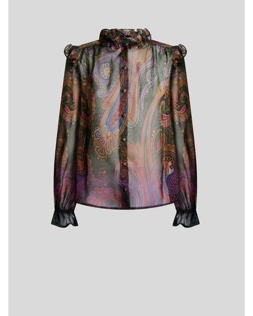 Etro Brown Silk Shirt With Placed Degradé Paisley Print