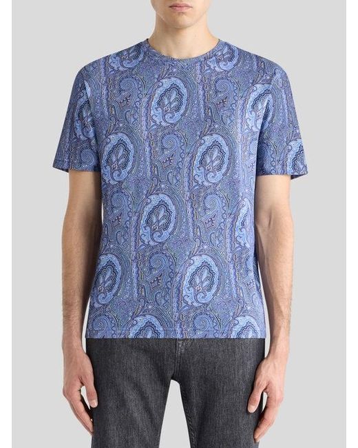 Etro Blue Cotton T-Shirt With Floral Paisley Motif for men