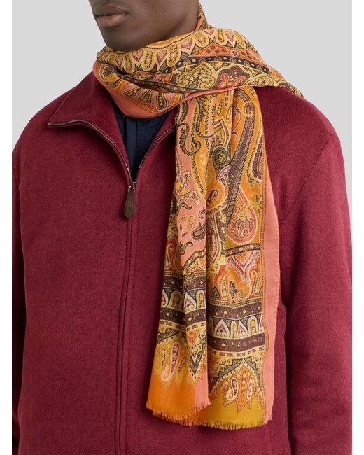 Etro Brown Cashmere Scarf With Paisley Motif for men