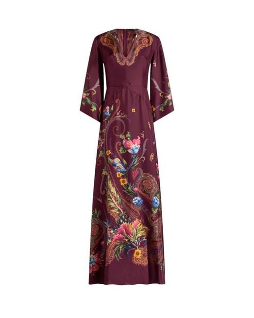 Etro Red Long Silk Dress With Placed Floral Paisley Print