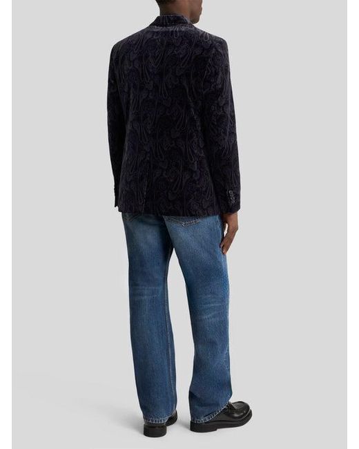 Etro Blue Single-Breasted Cotton Velvet Jacket With Paisley Overprint for men