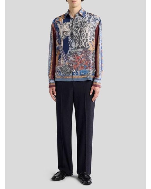Etro Blue Silk Shirt With Placed Leopard Print for men