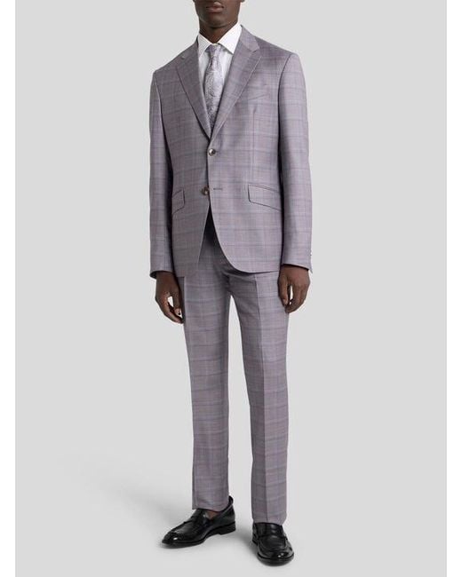 Etro Gray Single-Breasted Wool Suit With Check Motif for men