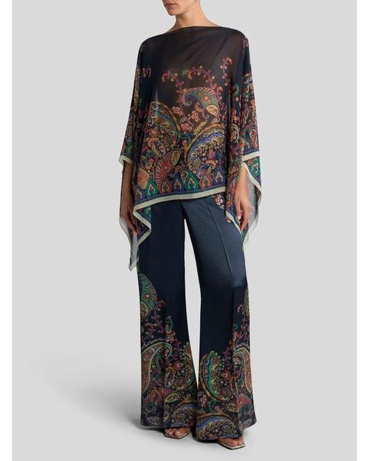 Etro Black Silk Poncho Top With Placed Floral Paisley Print