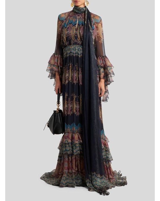 Robe Longue En Soie À Imprimé Placé, Femme, Taille Etro en coloris Black