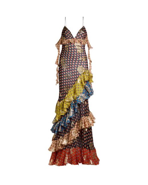 Etro Multicolor Long Silk Dress With Fil Coupé Roses And Tie-Inspired Motif