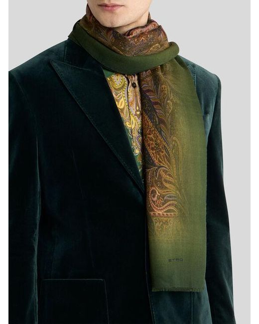 Etro Green Wool Scarf With Faded Print And Paisley Motif for men