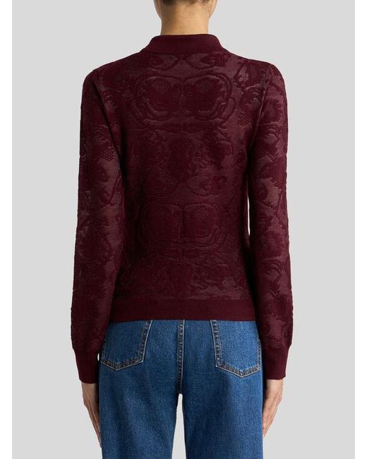 Etro Red Long-Sleeved Wool Jacquard Polo Shirt With Placed Motif