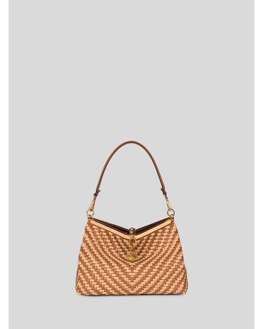 Etro Brown Medium Woven Leather And Raffia Vela Bag