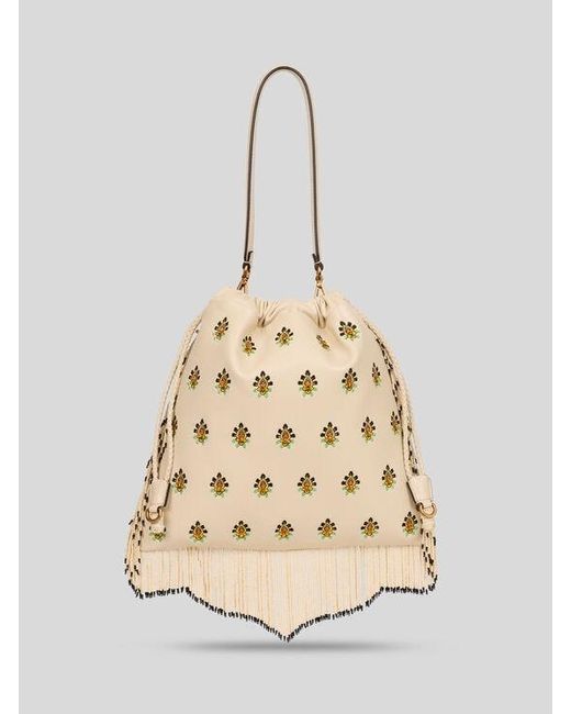 Etro Natural Kalispera Medium Leather Bag With Embroidery And Beads