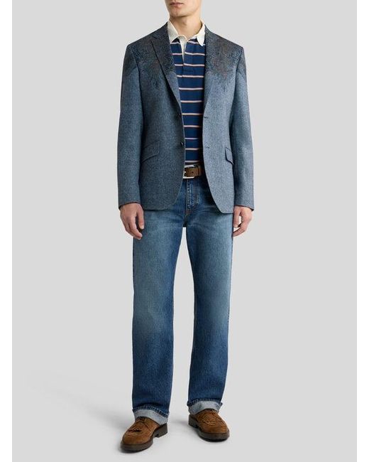 Etro Blue Single-Breasted Wool-Blend Jacket With Placed Paisley Pochette Print for men
