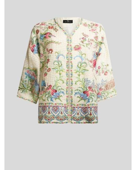 Etro White Cotton-Blend Basketweave Kesa With Flora And Fauna Motif