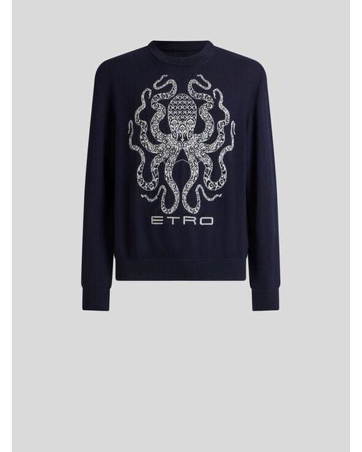 Etro Blue Wool Jumper With Octopus And Logo for men