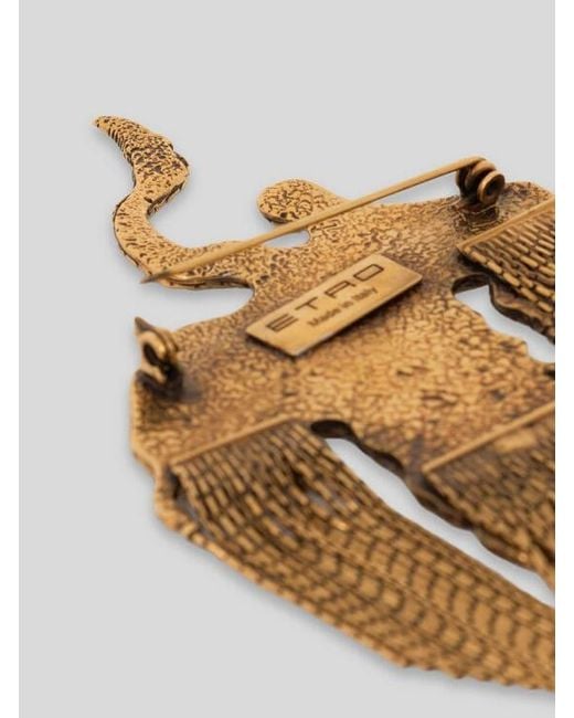 Etro Metallic Brass Phoenix Brooch With Fringing