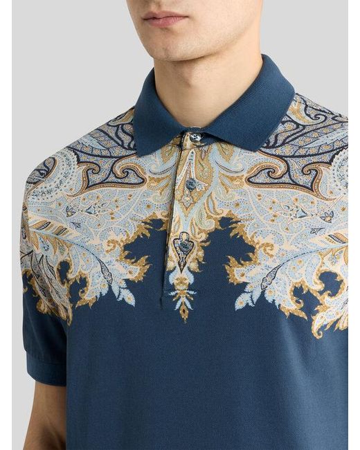 Etro Blue Cotton Pique Polo Shirt With Placed Print for men