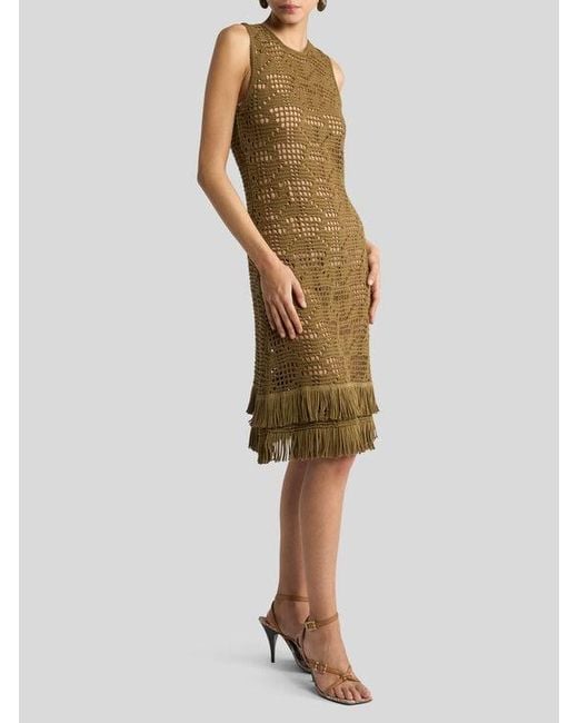 Etro Natural Crochet-Effect Cotton Knee-Length Dress With Fringing