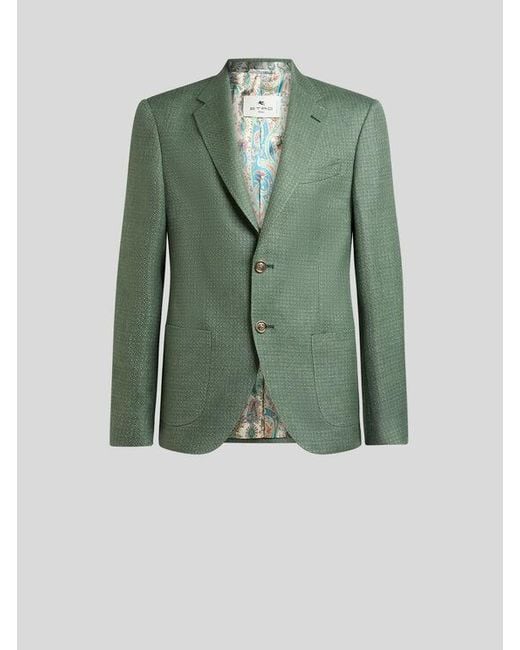 Etro Green Single-Breasted Wool Mouliné Jacket for men