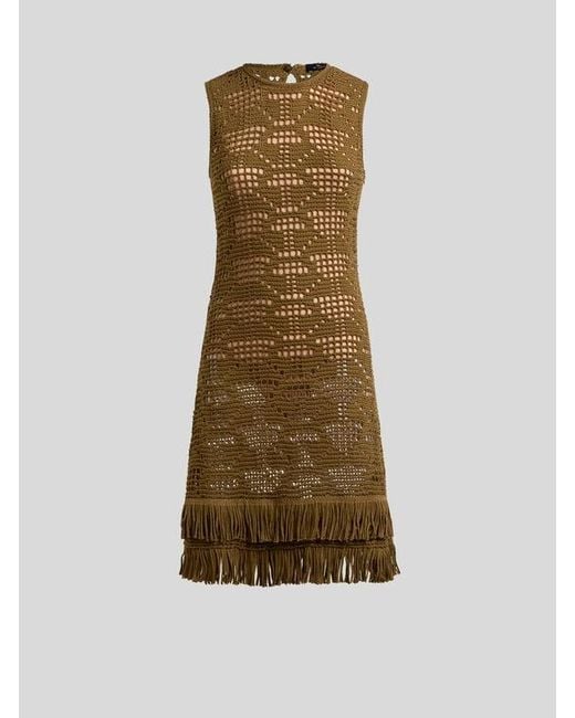 Etro Natural Crochet-Effect Cotton Knee-Length Dress With Fringing