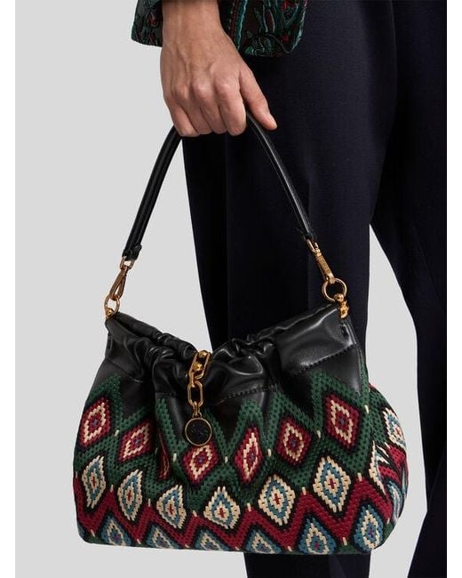 Etro White Medium Leather Vela Blossom Bag With Diamond Embroidery