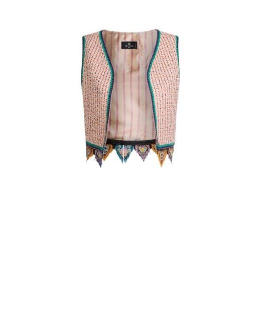 Etro White Cropped Jacquard Waistcoat With Tweed Effect, Fringing And Check Motif
