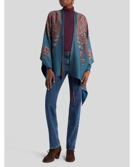 Cape En Laine Mélangée À Motif Paisley Fleuri, Femme Etro en coloris Blue