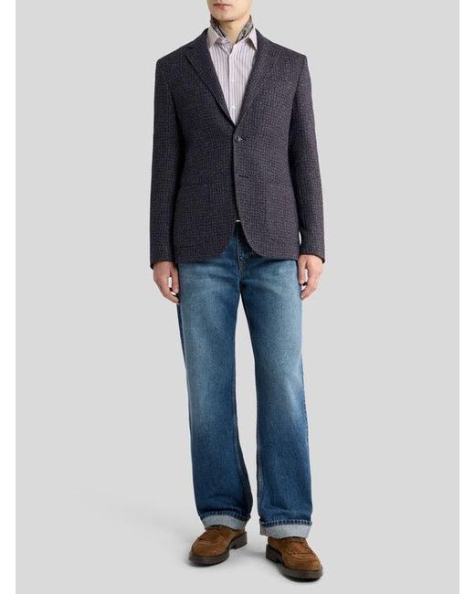 Etro Blue Single-Breasted Wool-Blend Bouclé Jacket for men