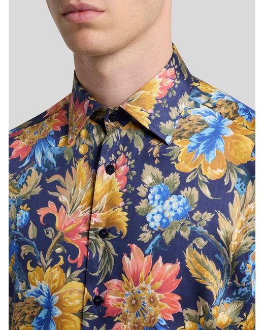 Etro Blue Cotton Satin Shirt With Floral Motif for men