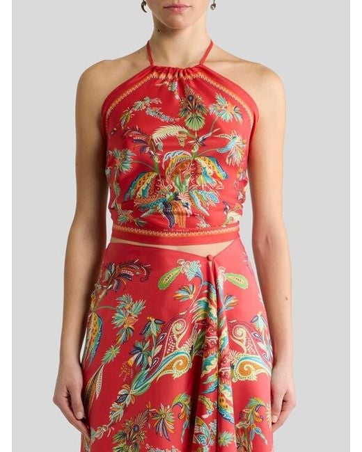 Etro Red Silk Top With Halterneck And Paisley Foliage Motif