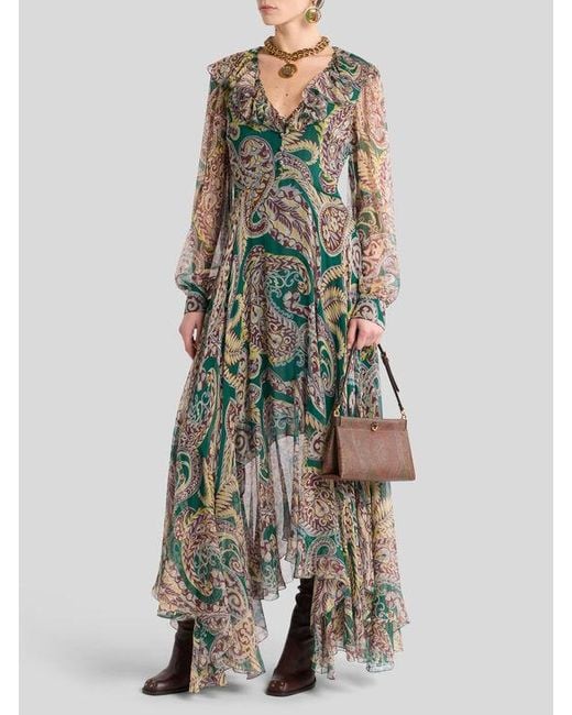 Robe Longue En Crépon De Soie À Motif Paisley, Femme, Taille Etro en coloris Green