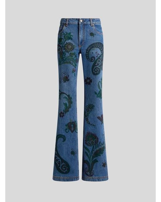 Etro Blue Flared Jeans With Flower And Bee Print