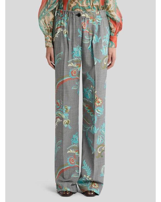 Etro Blue Wool-Blend Trousers With Daffodil Print