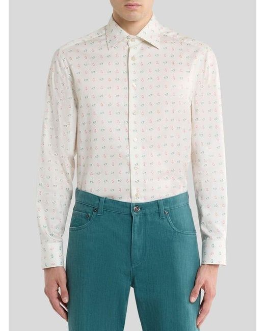 Etro White Cotton Sateen Shirt With Micro Paisley Motif for men