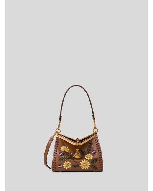 Etro Natural Small Leather Vela Bag With Threading And Floral Motif