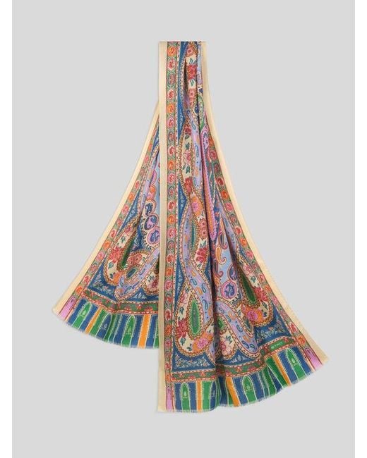 Etro White Paisley Wool And Silk Scarf for men