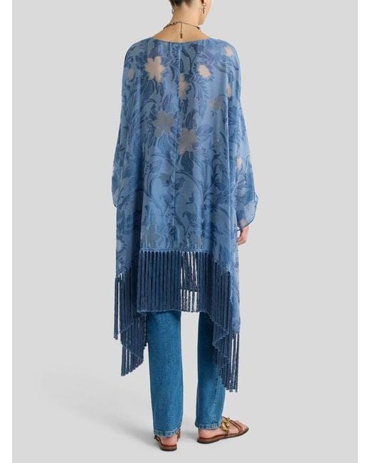 Etro Blue Silk Jacquard Kaftan With Fringing And Fil Coupé Floral Motif