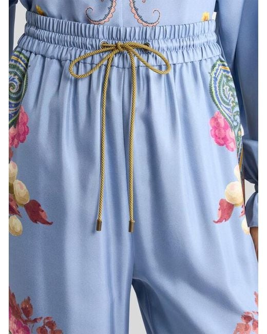 Etro Blue Silk Trousers With Placed Floral Paisley Print