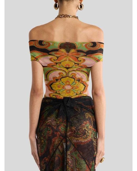 Etro Multicolor Tulle Bodysuit With Open Shoulders And Placed Floral Print