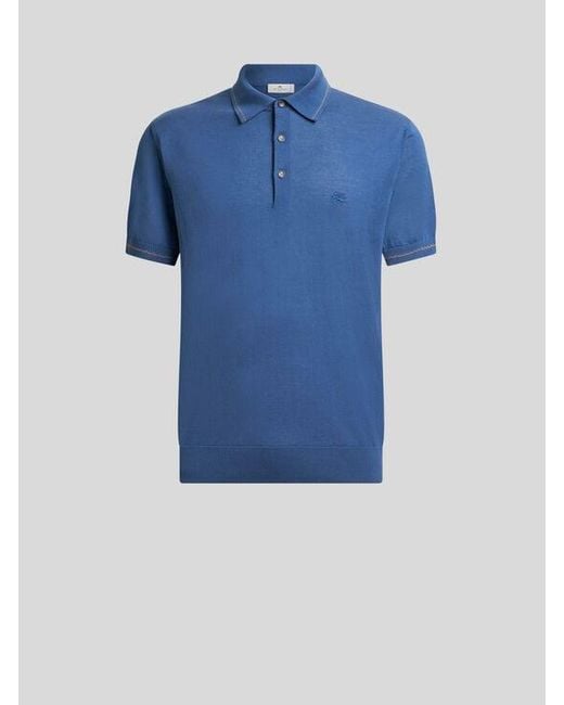 Etro Blue Cotton Polo Shirt With Pegaso for men