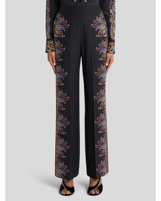 Etro Black Silk Palazzo Trousers With Placed Paisley Foliage Print
