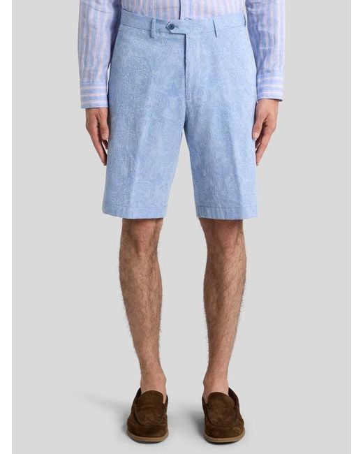 Etro Blue Striped Cotton Jacquard Shorts With Floral Paisley Motif for men