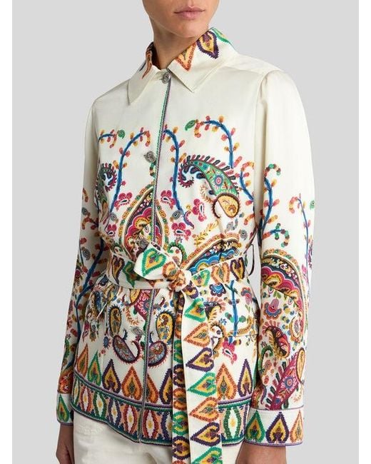 Etro White Silk Field Jacket With Placed Floral Paisley Print