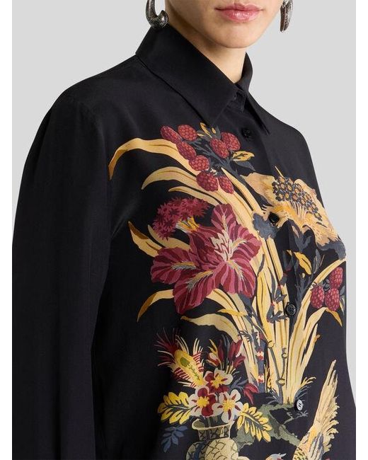 Etro Black Silk Shirt With Placed Front Print